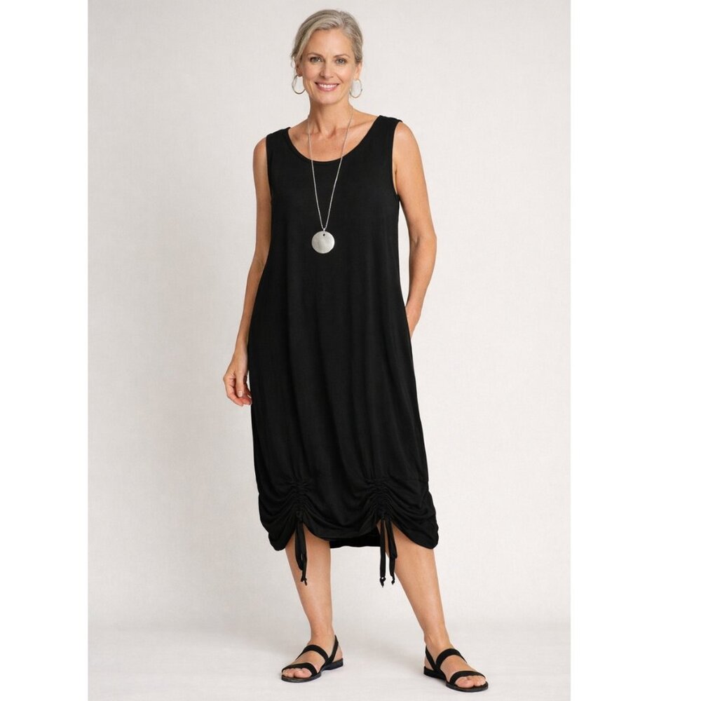 NWT Bryn Walker Black Relaxed Ruched Bamboo Cotton Tank Midi Dress Size Small